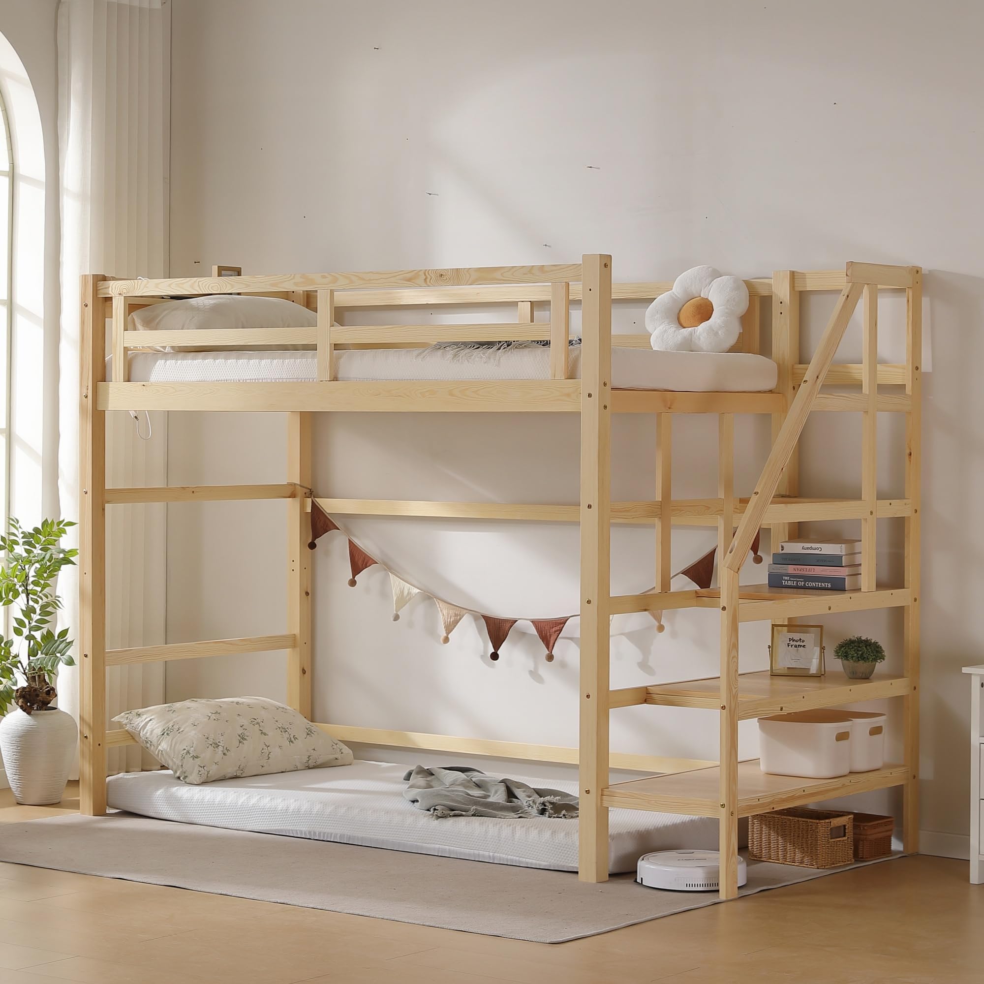 Amazon｜ロフトベッド 階段付き 天然木 シングルベッド コンセント付き